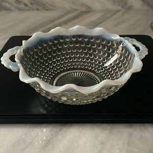 Opalescent Hobnail Candy Dish w/Handles, Starburst Bottom, Ruffled Rim